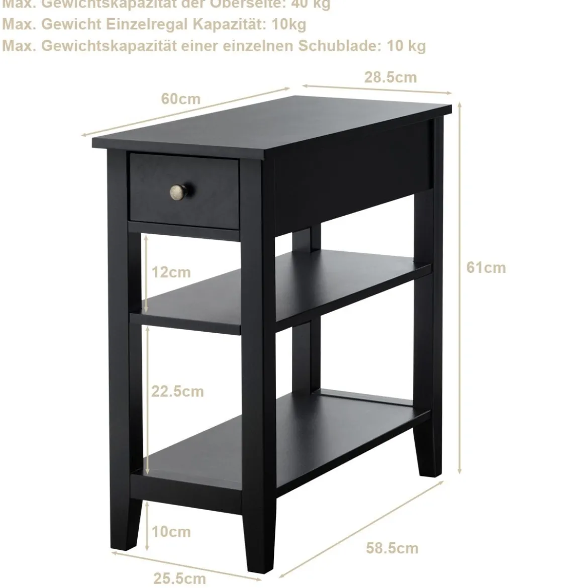 Konsolentisch mit Ablage und Schublade 3-Stöckiger Beistelltisch aus Holz 60 x 28,5 x 61cm Schwarz