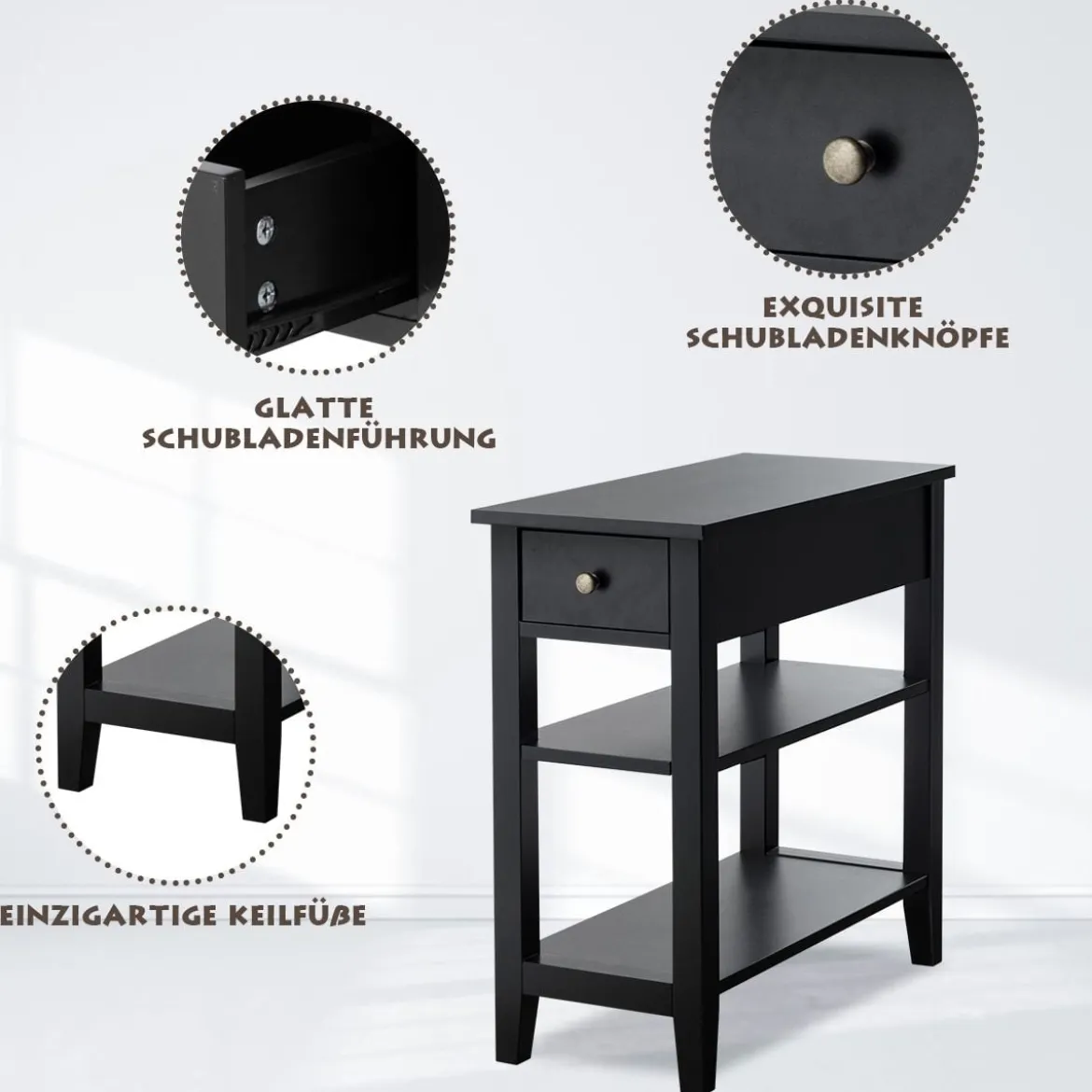 Konsolentisch mit Ablage und Schublade 3-Stöckiger Beistelltisch aus Holz 60 x 28,5 x 61cm Schwarz