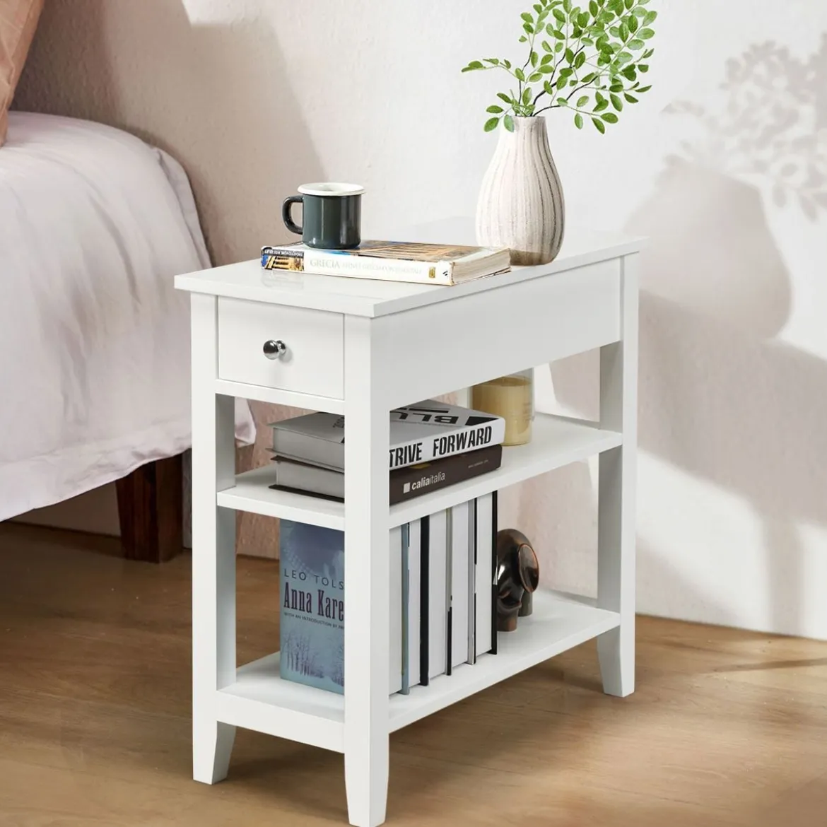 Konsolentisch mit Ablage und Schublade 3-Stöckiger Beistelltisch aus Holz 60 x 28,5 x 61cm Weiß