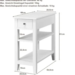 Konsolentisch mit Ablage und Schublade 3-Stöckiger Beistelltisch aus Holz 60 x 28,5 x 61cm Weiß