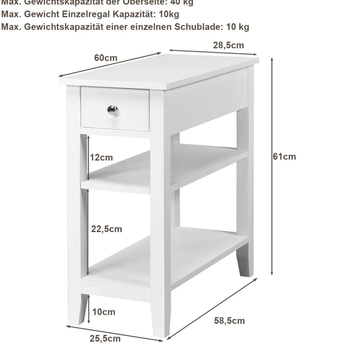 Konsolentisch mit Ablage und Schublade 3-Stöckiger Beistelltisch aus Holz 60 x 28,5 x 61cm Weiß