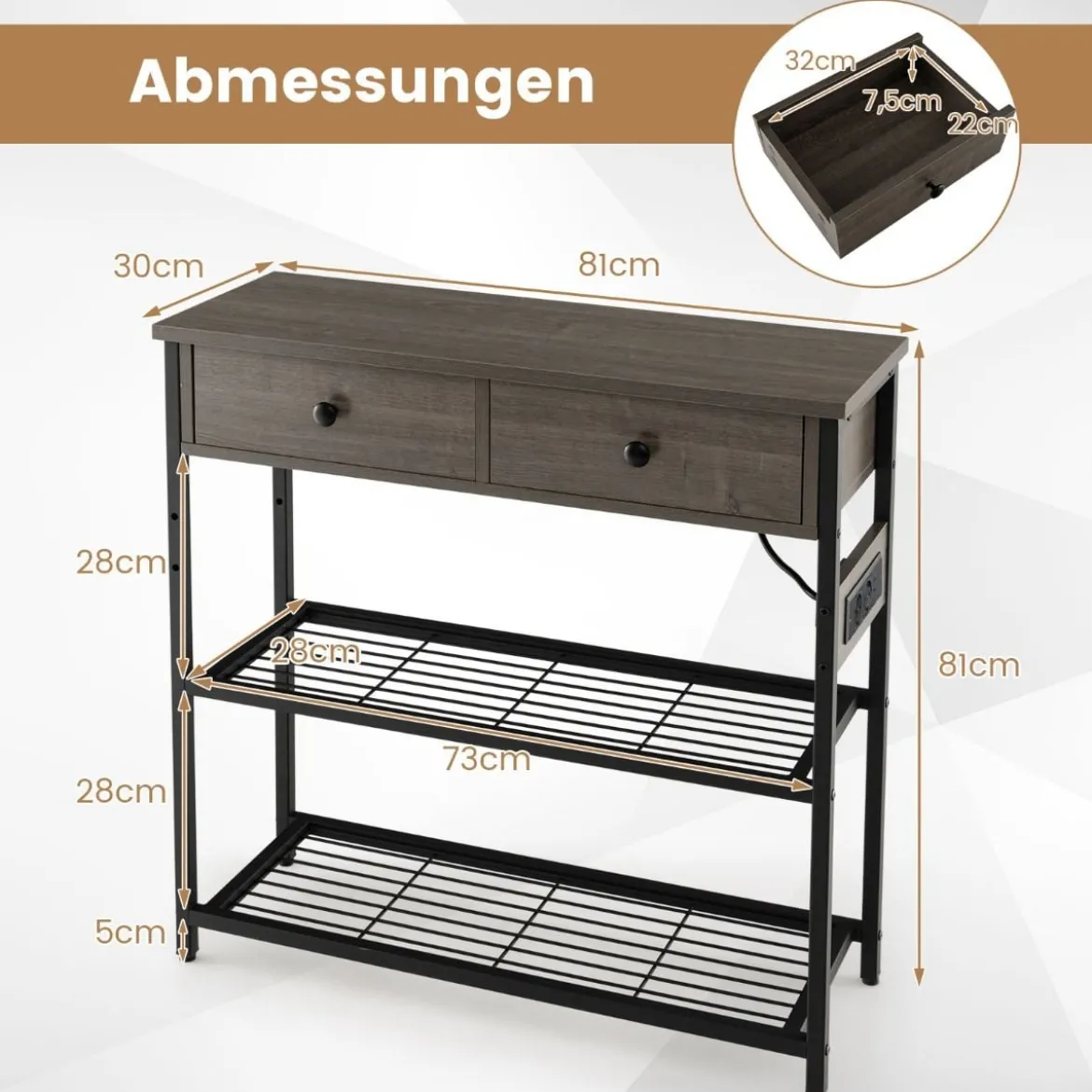 Konsolentisch mit Ladestation Flurtisch mit 2 Schubladen & 2 Metallgitterablagen Grau
