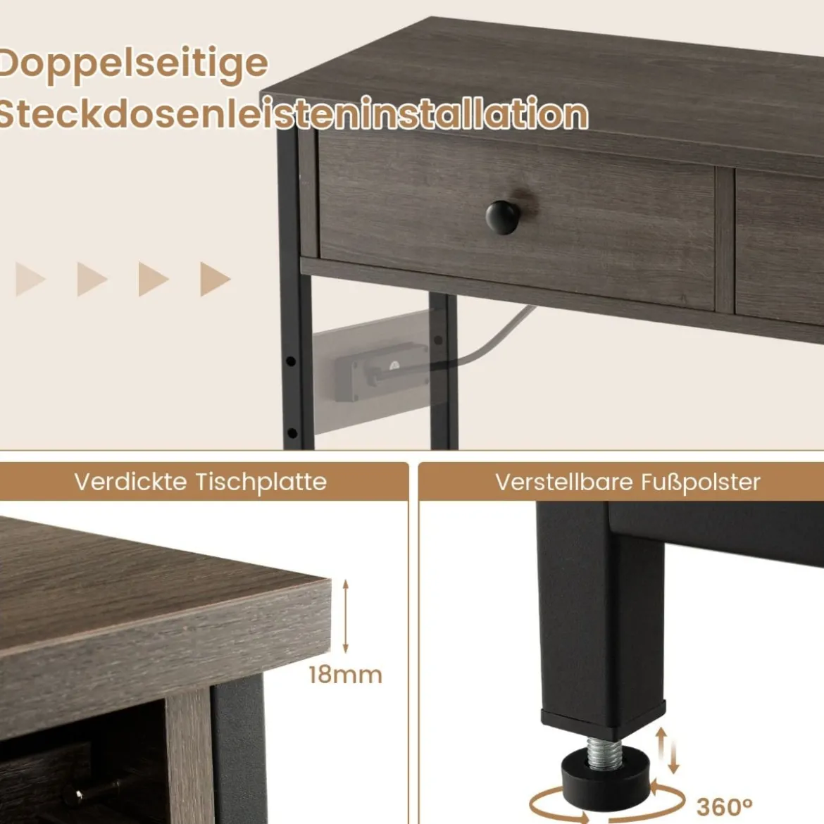 Konsolentisch mit Ladestation Flurtisch mit 2 Schubladen & 2 Metallgitterablagen Grau