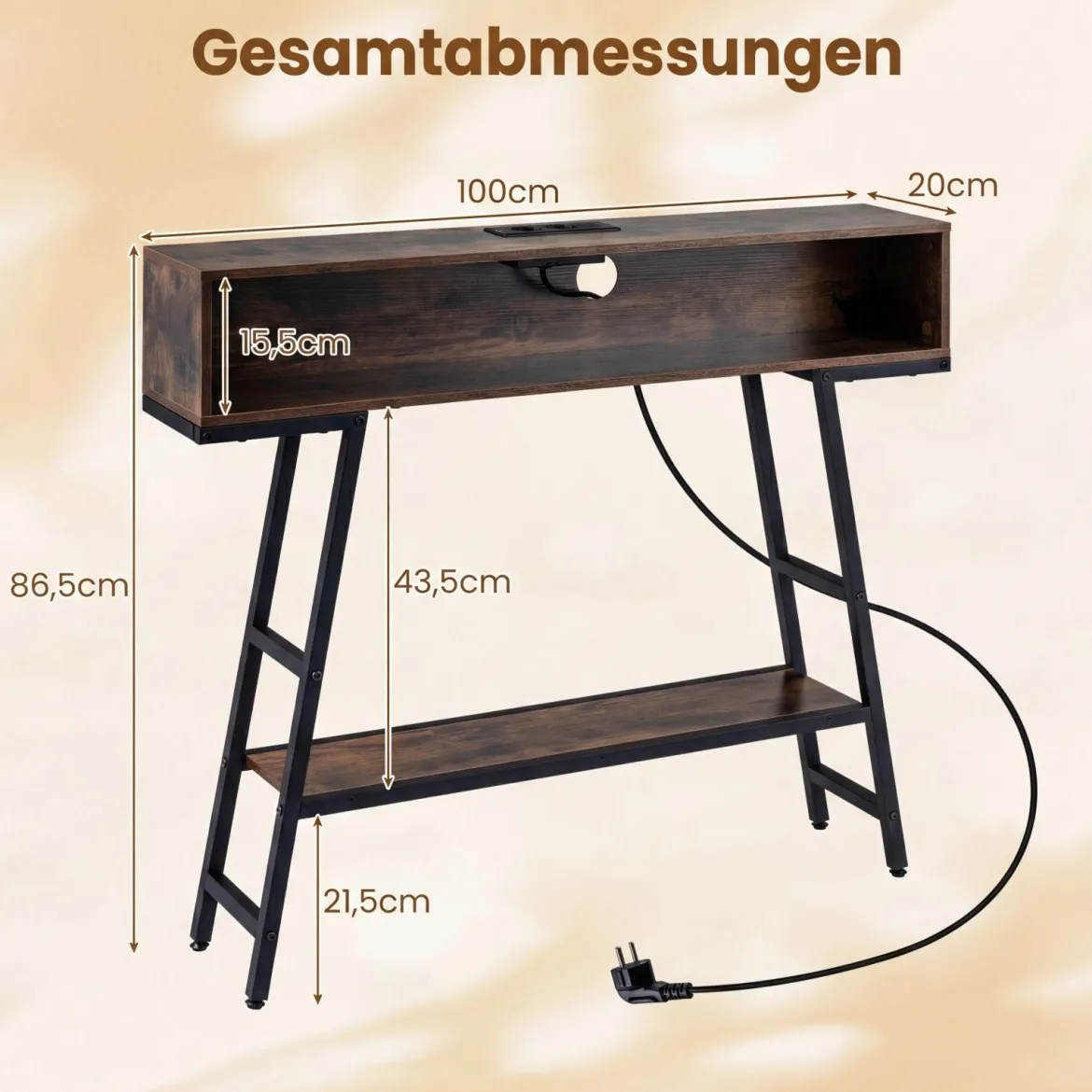 Konsolentisch mit LED-Beleuchtung & Ladestation 3-stufiger Flurtisch Schmaler Sofatisch Rostbraun