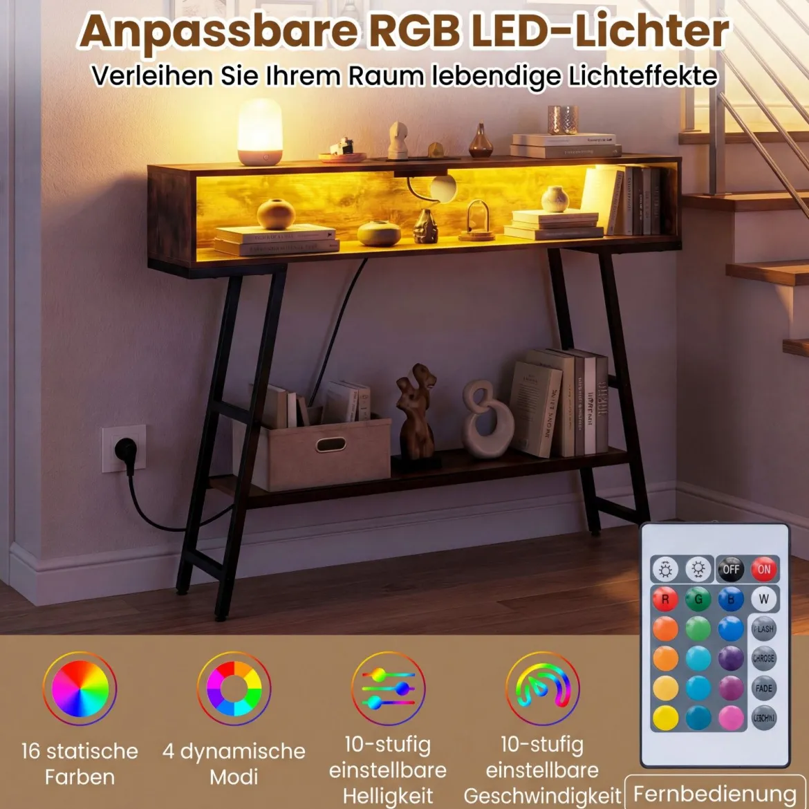 Konsolentisch mit LED-Beleuchtung & Ladestation 3-stufiger Flurtisch Schmaler Sofatisch Rostbraun
