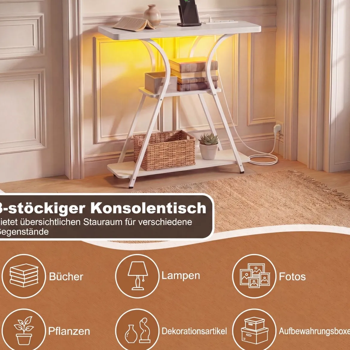 Konsolentisch mit LED-Beleuchtung und Ladestation Schmaler Flurtisch mit 3 Ablage Rustikalbraun/Weiß