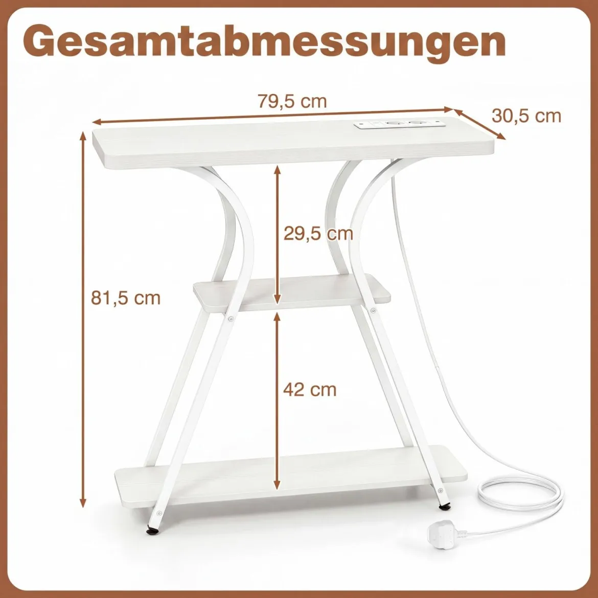 Konsolentisch mit LED-Beleuchtung und Ladestation Schmaler Flurtisch mit 3 Ablage Rustikalbraun/Weiß