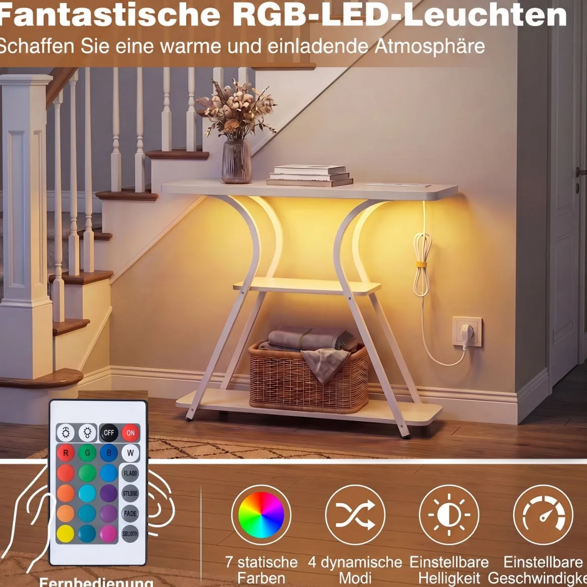 Konsolentisch mit LED-Beleuchtung und Ladestation Schmaler Flurtisch mit 3 Ablage Rustikalbraun/Weiß