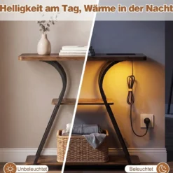 Konsolentisch mit LED-Beleuchtung und Ladestation Schmaler Flurtisch mit 3 Ablage Rustikalbraun/Weiß