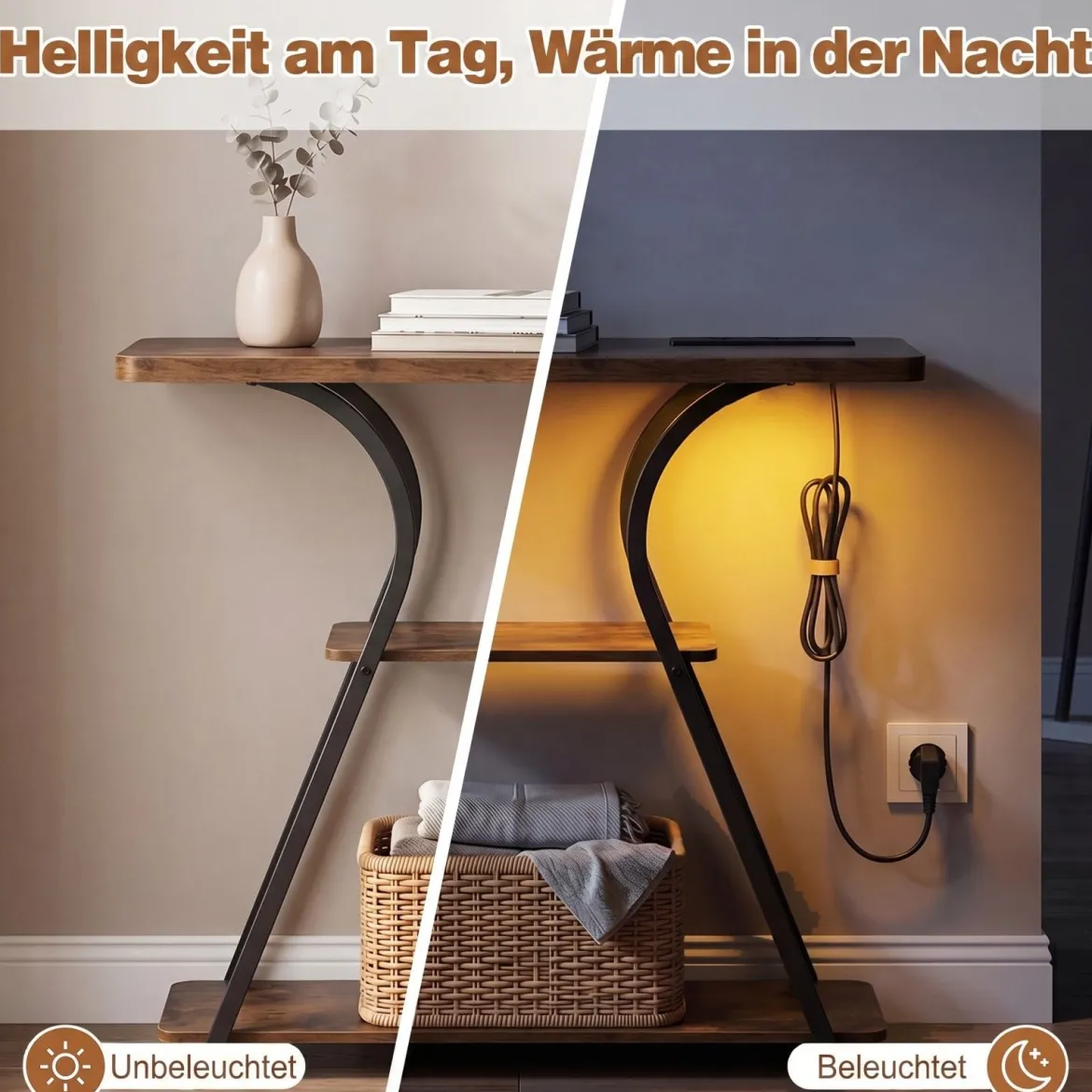 Konsolentisch mit LED-Beleuchtung und Ladestation Schmaler Flurtisch mit 3 Ablage Rustikalbraun/Weiß