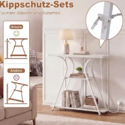 Konsolentisch mit LED-Beleuchtung und Ladestation Schmaler Flurtisch mit 3 Ablage Rustikalbraun/Weiß
