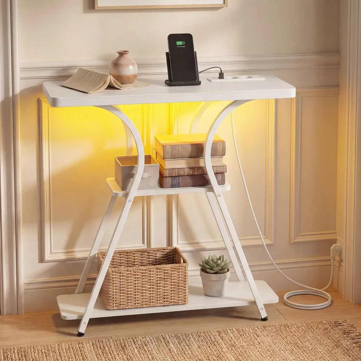 Konsolentisch mit LED-Beleuchtung und Ladestation Schmaler Flurtisch mit 3 Ablage Rustikalbraun/Weiß