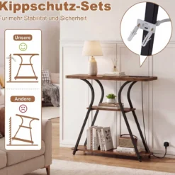 Konsolentisch mit LED-Beleuchtung und Ladestation Schmaler Flurtisch mit 3 Ablage Rustikalbraun/Weiß