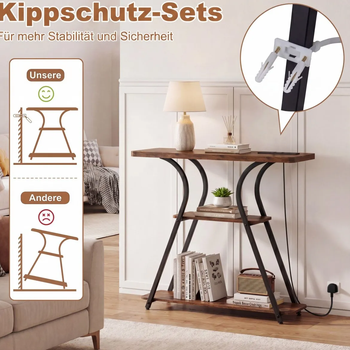 Konsolentisch mit LED-Beleuchtung und Ladestation Schmaler Flurtisch mit 3 Ablage Rustikalbraun/Weiß
