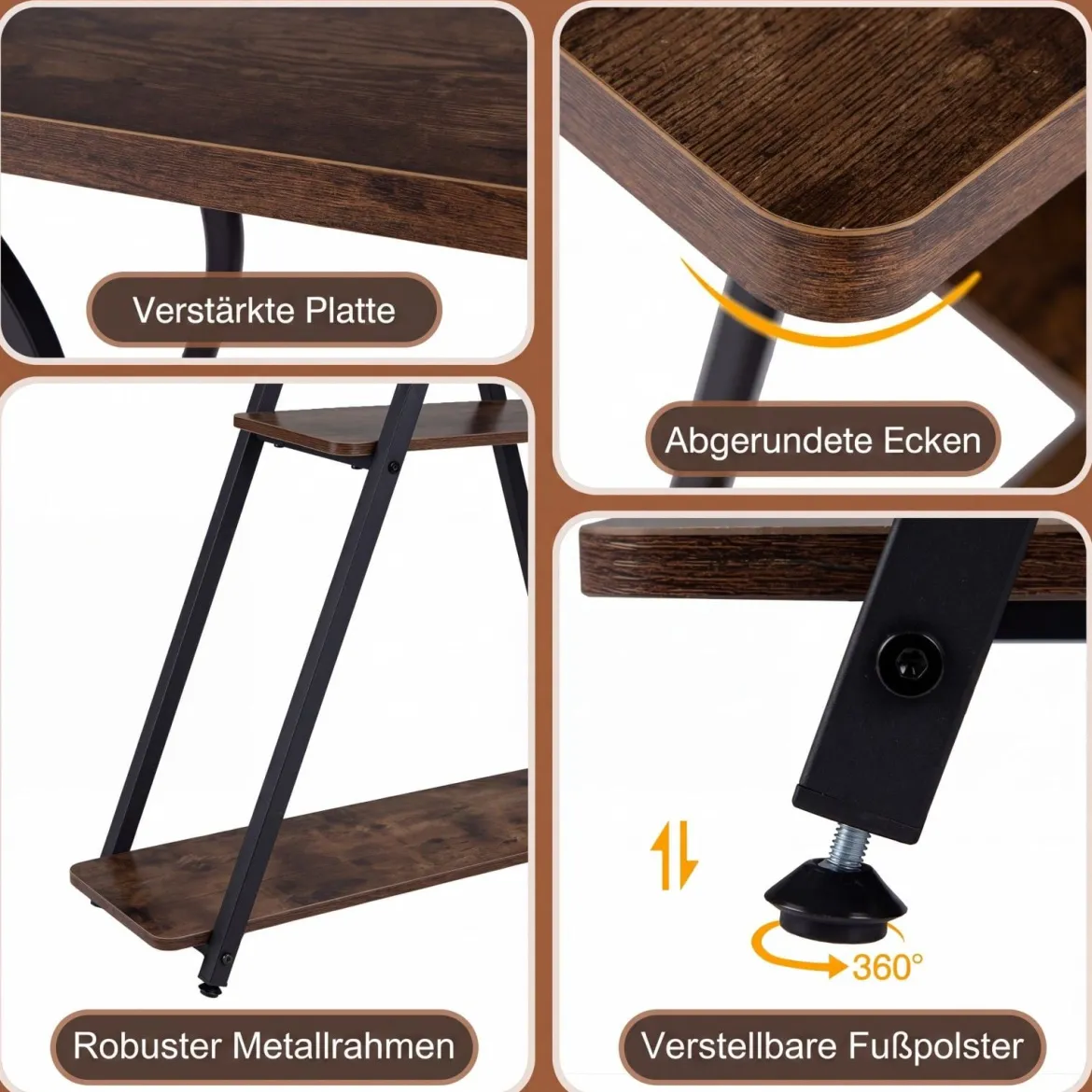 Konsolentisch mit LED-Beleuchtung und Ladestation Schmaler Flurtisch mit 3 Ablage Rustikalbraun/Weiß