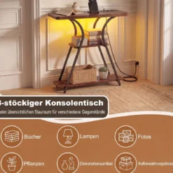 Konsolentisch mit LED-Beleuchtung und Ladestation Schmaler Flurtisch mit 3 Ablage Rustikalbraun/Weiß