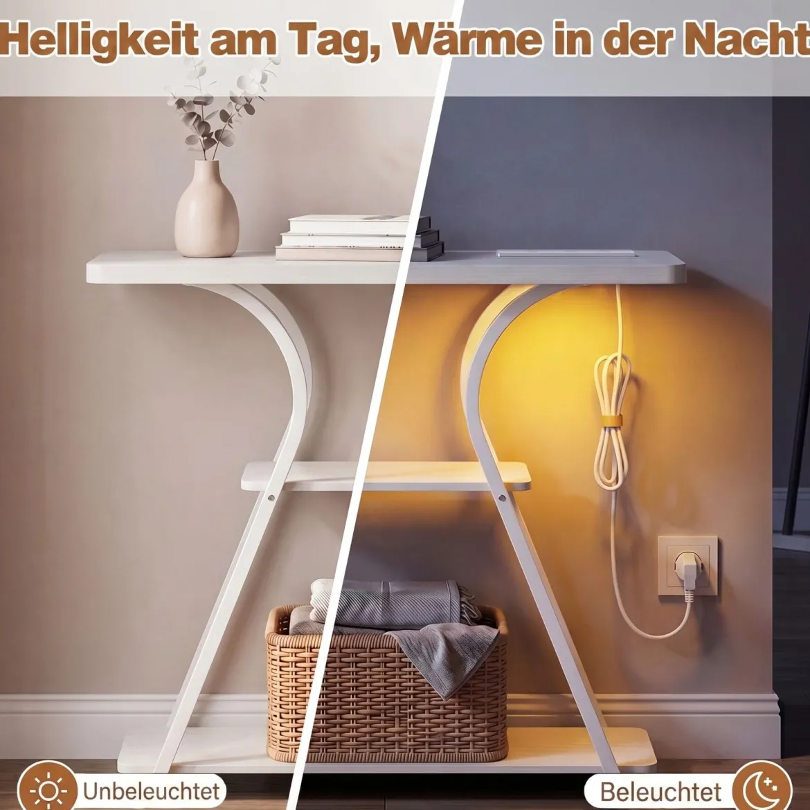 Konsolentisch mit LED-Beleuchtung und Ladestation Schmaler Flurtisch mit 3 Ablage Rustikalbraun/Weiß
