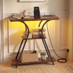Konsolentisch mit LED-Beleuchtung und Ladestation Schmaler Flurtisch mit 3 Ablage Rustikalbraun/Weiß