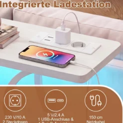 Konsolentisch mit LED-Beleuchtung und Ladestation Schmaler Flurtisch mit 3 Ablage Rustikalbraun/Weiß