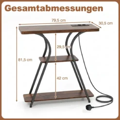 Konsolentisch mit LED-Beleuchtung und Ladestation Schmaler Flurtisch mit 3 Ablage Rustikalbraun/Weiß