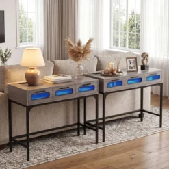Konsolentisch Mit LED Licht Ladestation Steckdosen USB Schubladen Für Wohnzimmer Flur Grau