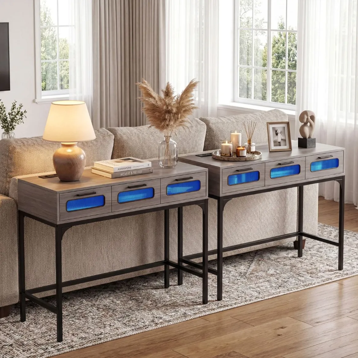 Konsolentisch Mit LED Licht Ladestation Steckdosen USB Schubladen Für Wohnzimmer Flur Grau