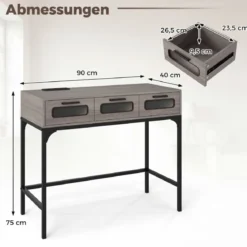 Konsolentisch Mit LED Licht Ladestation Steckdosen USB Schubladen Für Wohnzimmer Flur Grau