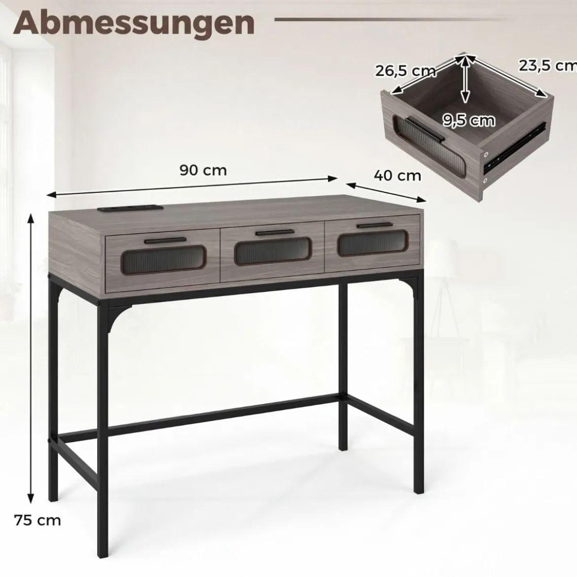 Konsolentisch Mit LED Licht Ladestation Steckdosen USB Schubladen Für Wohnzimmer Flur Grau