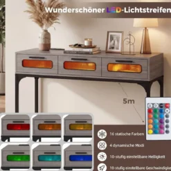 Konsolentisch Mit LED Licht Ladestation Steckdosen USB Schubladen Für Wohnzimmer Flur Grau