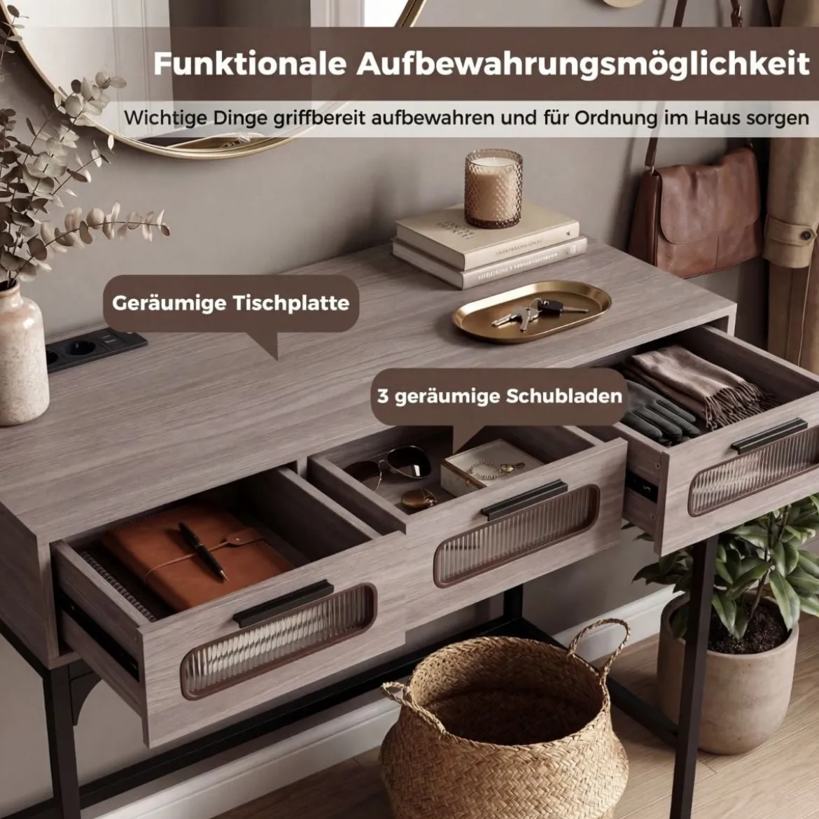 Konsolentisch Mit LED Licht Ladestation Steckdosen USB Schubladen Für Wohnzimmer Flur Grau