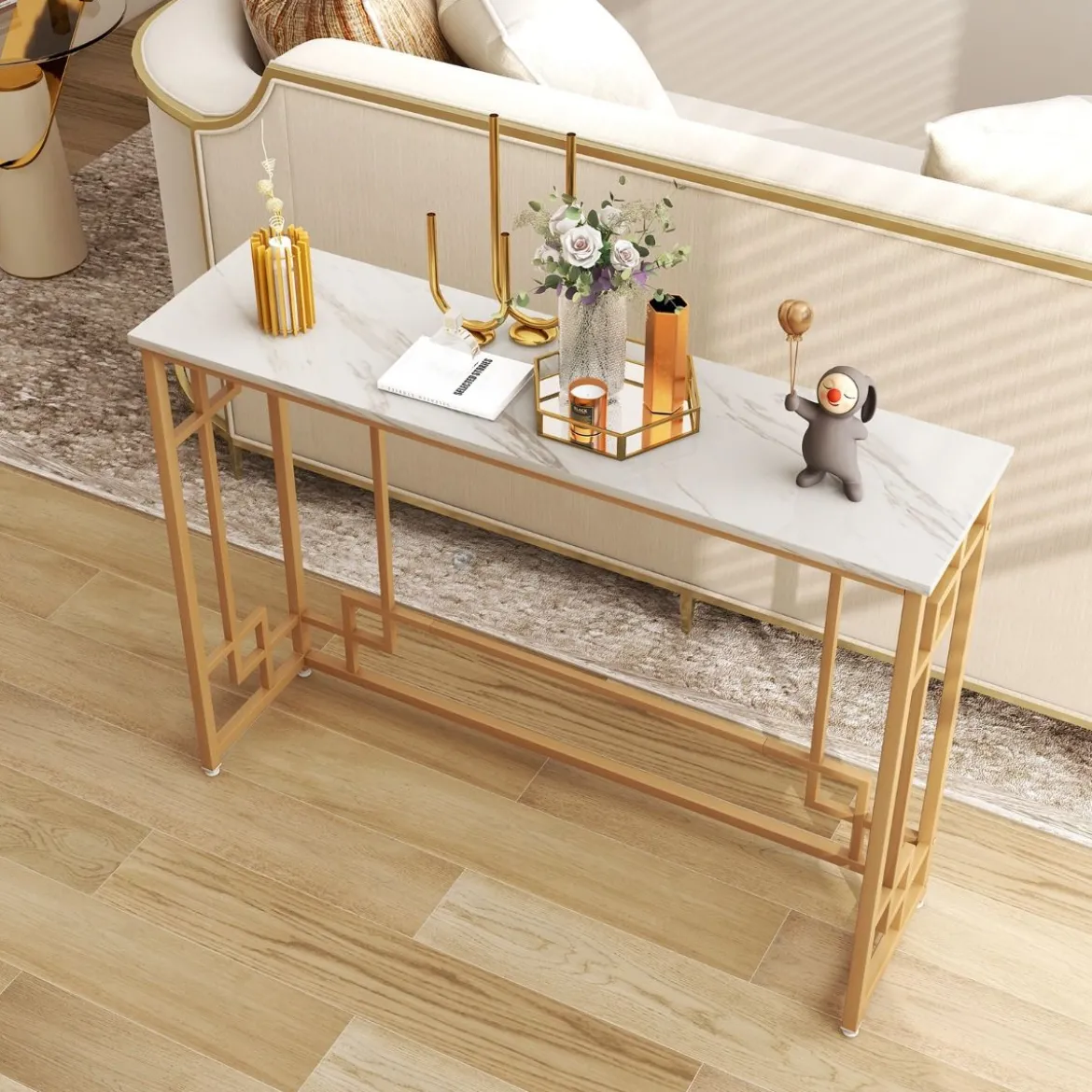 Konsolentisch mit Marmor & Geometrischem Metallrahmen Eingangstisch Schmal Golden