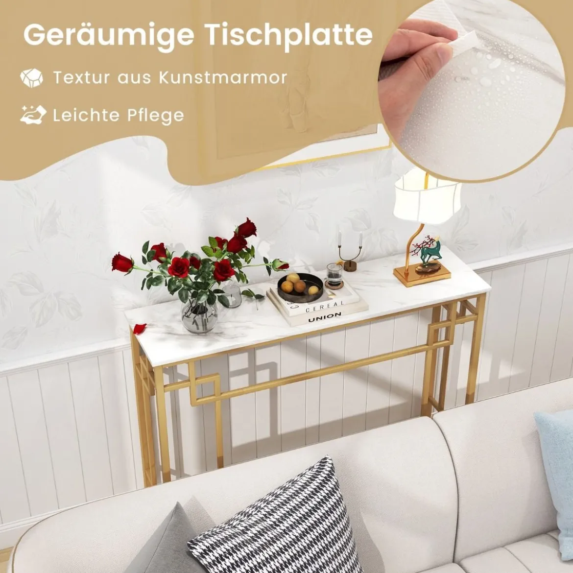 Konsolentisch mit Marmor & Geometrischem Metallrahmen Eingangstisch Schmal Golden