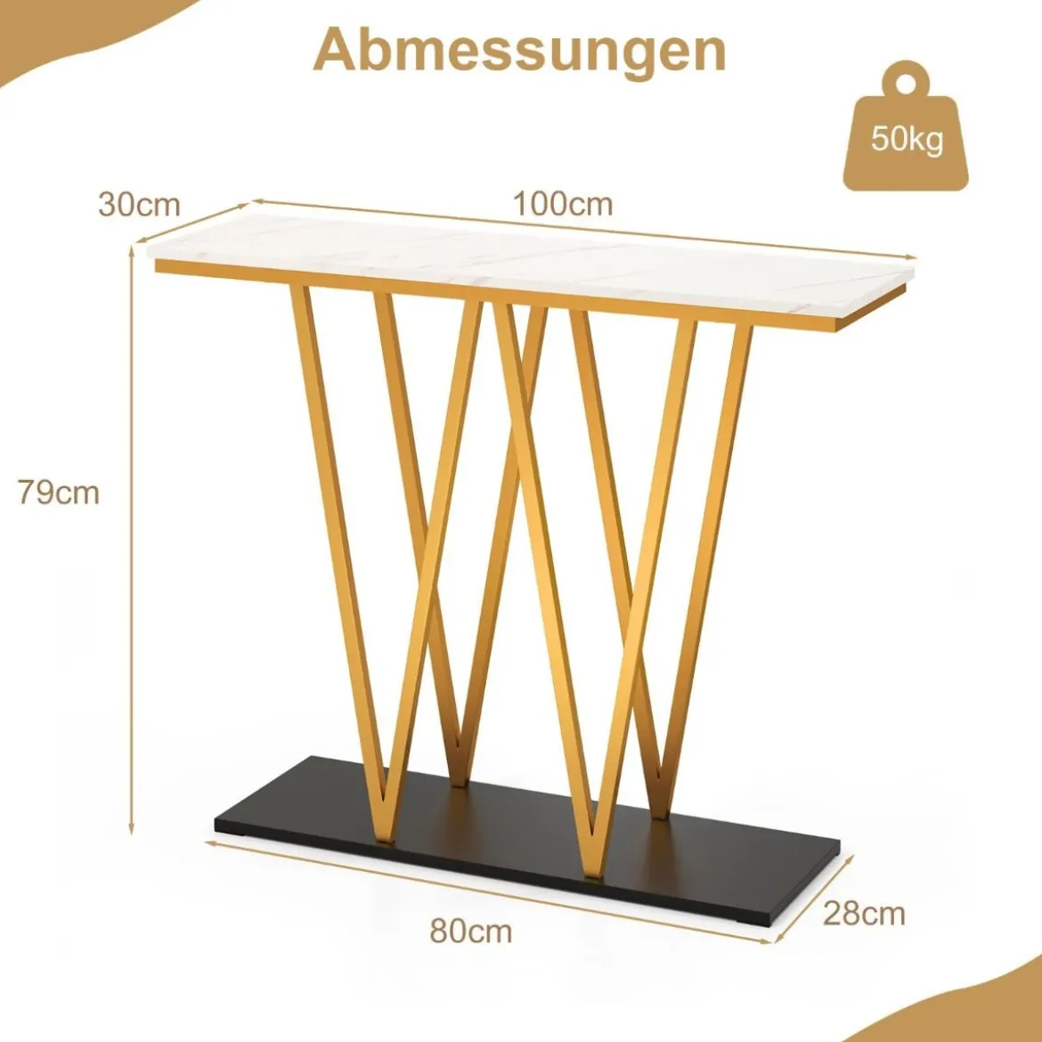 Konsolentisch mit Marmor Optik & Metallrahmen Flurtisch Schmaler Beistelltisch Eingangtisch