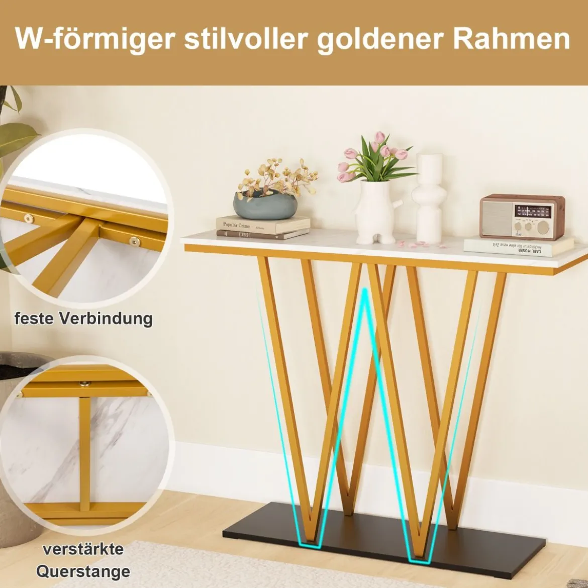 Konsolentisch mit Marmor Optik & Metallrahmen Flurtisch Schmaler Beistelltisch Eingangtisch