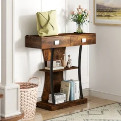 Konsolentisch mit 2 Schubladen Eingangstisch aus Holz mit 2 Ablagen 91 x 30 x 87 cm Rustikales Braun