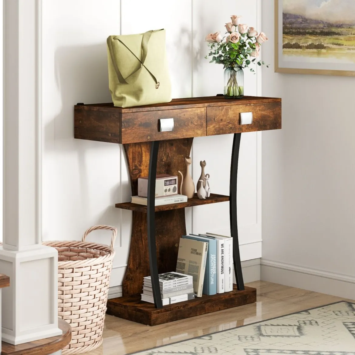 Konsolentisch mit 2 Schubladen Eingangstisch aus Holz mit 2 Ablagen 91 x 30 x 87 cm Rustikales Braun