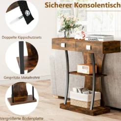 Konsolentisch mit 2 Schubladen Eingangstisch aus Holz mit 2 Ablagen 91 x 30 x 87 cm Rustikales Braun
