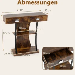 Konsolentisch mit 2 Schubladen Eingangstisch aus Holz mit 2 Ablagen 91 x 30 x 87 cm Rustikales Braun