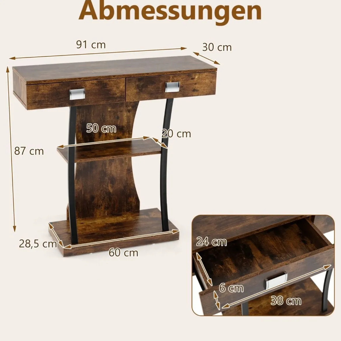 Konsolentisch mit 2 Schubladen Eingangstisch aus Holz mit 2 Ablagen 91 x 30 x 87 cm Rustikales Braun