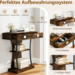 Konsolentisch mit 2 Schubladen Eingangstisch aus Holz mit 2 Ablagen 91 x 30 x 87 cm Rustikales Braun
