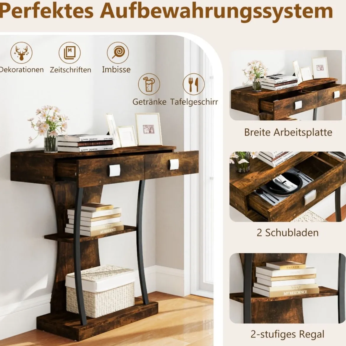 Konsolentisch mit 2 Schubladen Eingangstisch aus Holz mit 2 Ablagen 91 x 30 x 87 cm Rustikales Braun