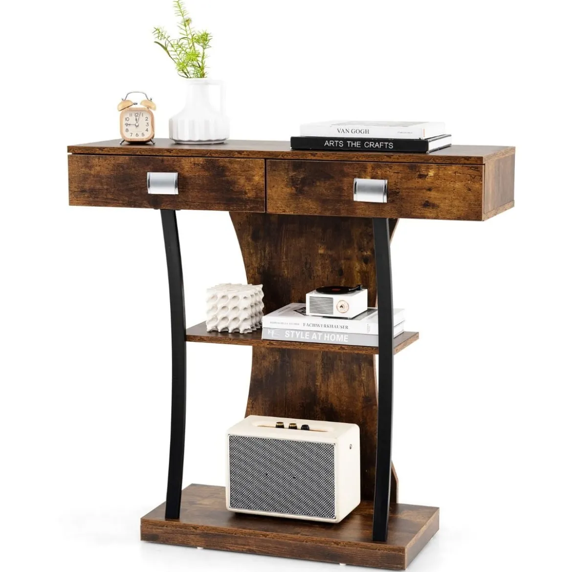 Konsolentisch mit 2 Schubladen Eingangstisch aus Holz mit 2 Ablagen 91 x 30 x 87 cm Rustikales Braun