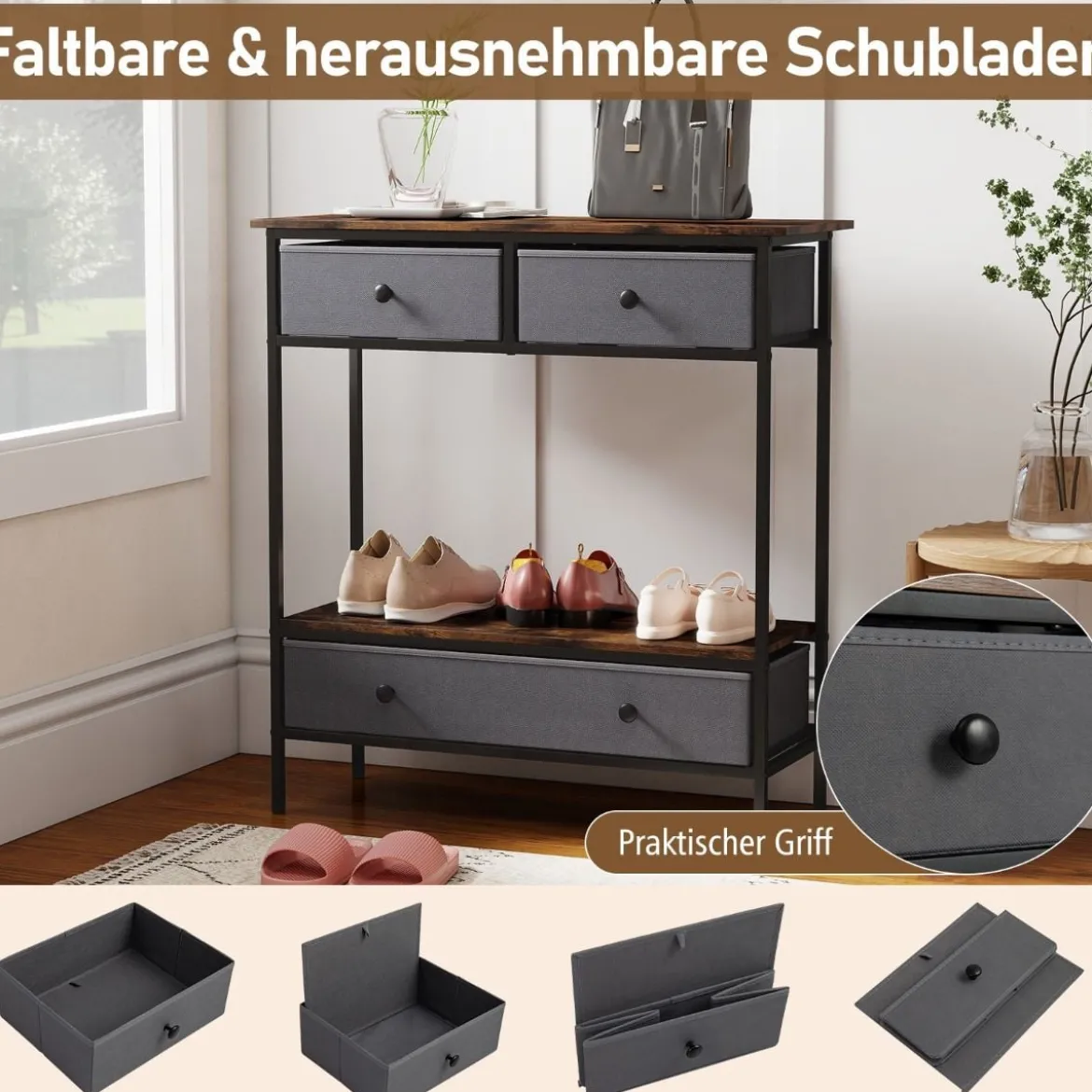 Konsolentisch mit Schubladen industrial Flurtisch mit offenem Ablagefach schmaler Couchtisch Sofatisch Rustikal Braun