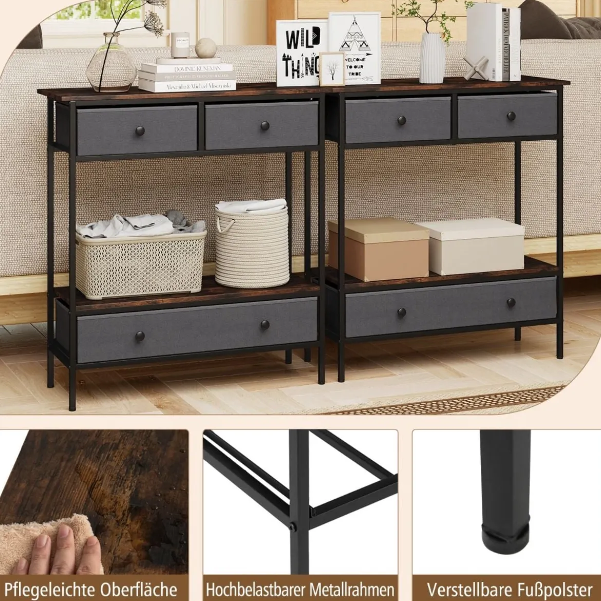 Konsolentisch mit Schubladen industrial Flurtisch mit offenem Ablagefach schmaler Couchtisch Sofatisch Rustikal Braun