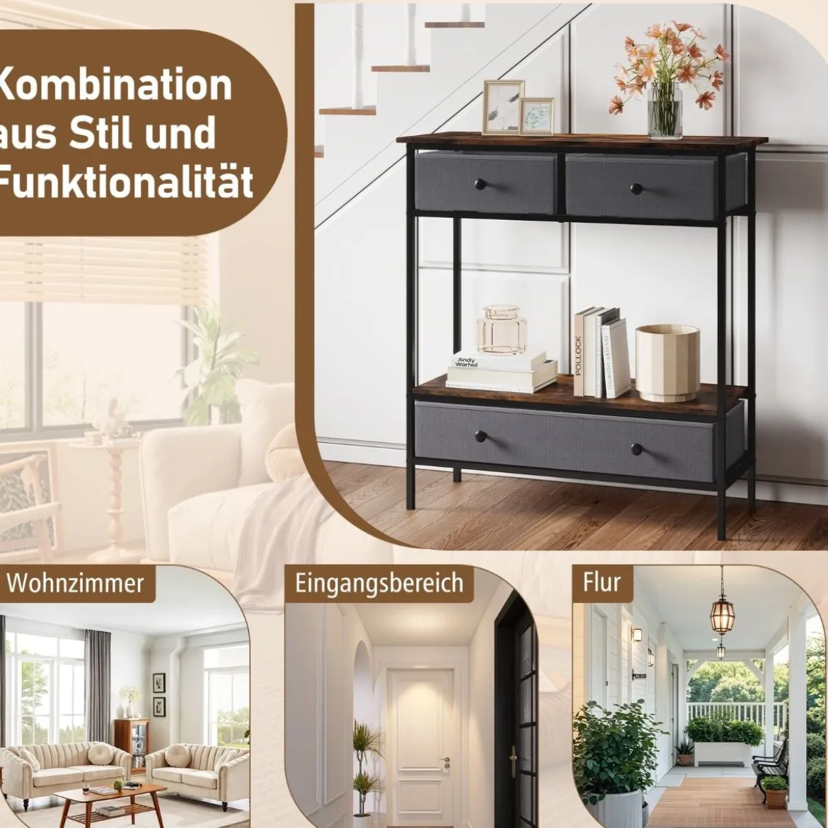 Konsolentisch mit Schubladen industrial Flurtisch mit offenem Ablagefach schmaler Couchtisch Sofatisch Rustikal Braun