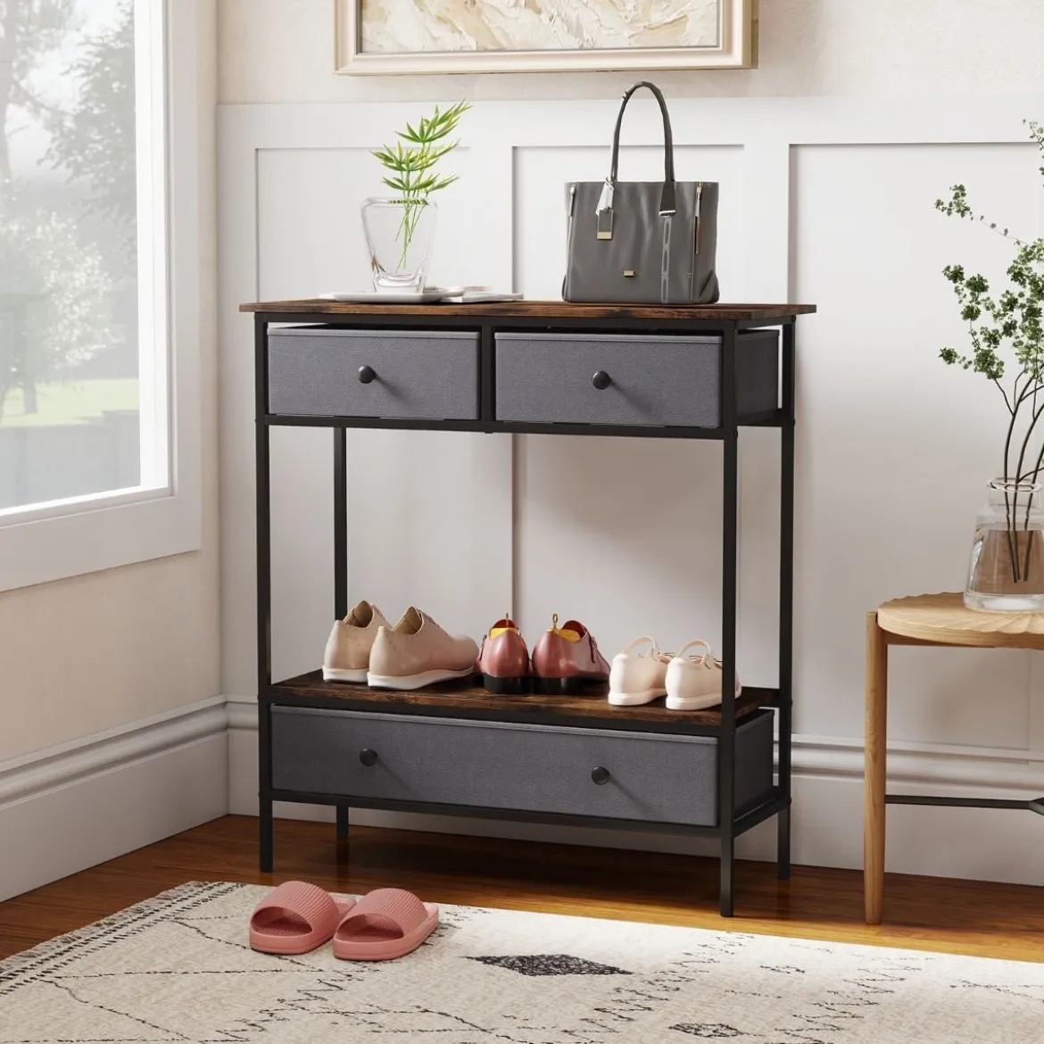 Konsolentisch mit Schubladen industrial Flurtisch mit offenem Ablagefach schmaler Couchtisch Sofatisch Rustikal Braun