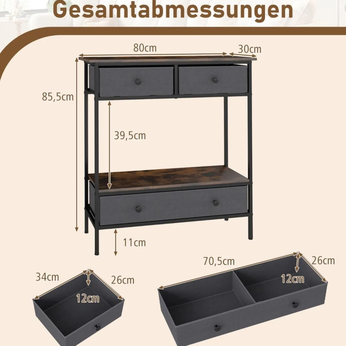 Konsolentisch mit Schubladen industrial Flurtisch mit offenem Ablagefach schmaler Couchtisch Sofatisch Rustikal Braun