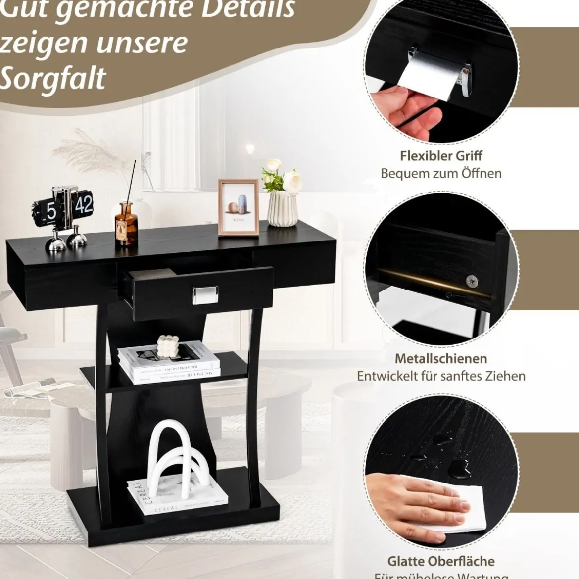 Konsolentisch mit Schubladen & Metallrahmen & 2 Ablagen & Kippschutz Flurtisch Schwarz