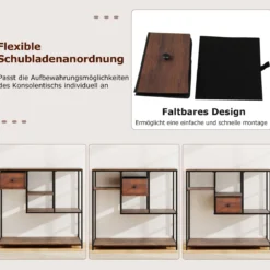 Konsolentisch mit Stauraum Industrieller Beistelltisch mit Vliesstoffschublade & Regale Braun