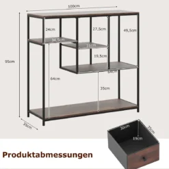 Konsolentisch mit Stauraum Industrieller Beistelltisch mit Vliesstoffschublade & Regale Braun